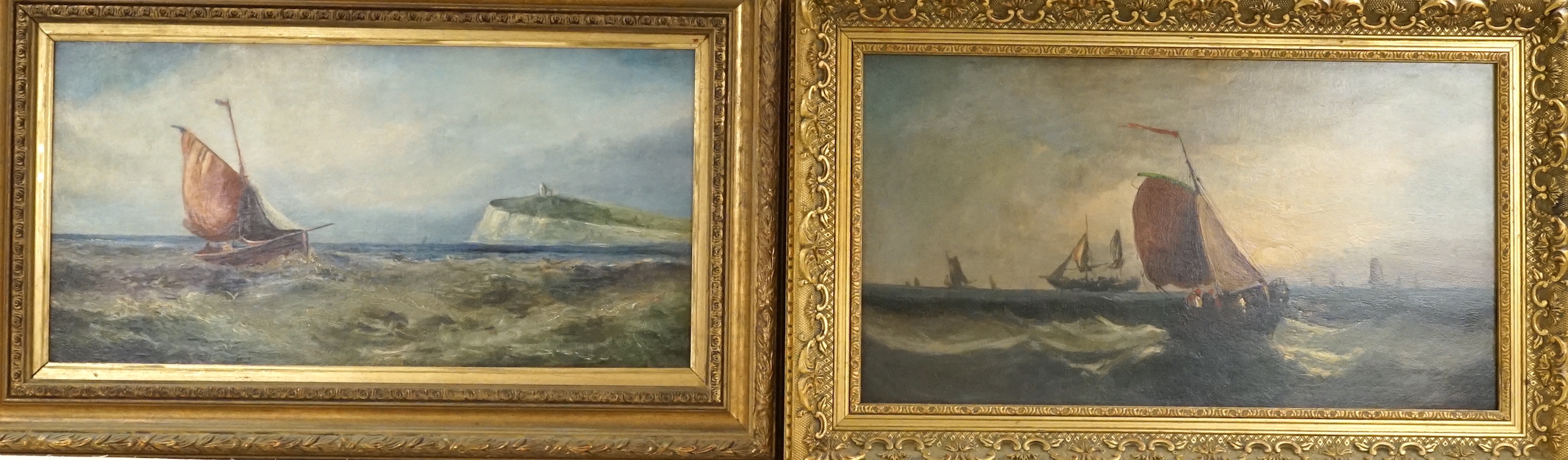 After William Henry Williamson (1820-1883), two oils on canvas, Fishing boats at sea, indistinctly signed, 24 x 44.5cm and 22 x 44.5cm, frames differ